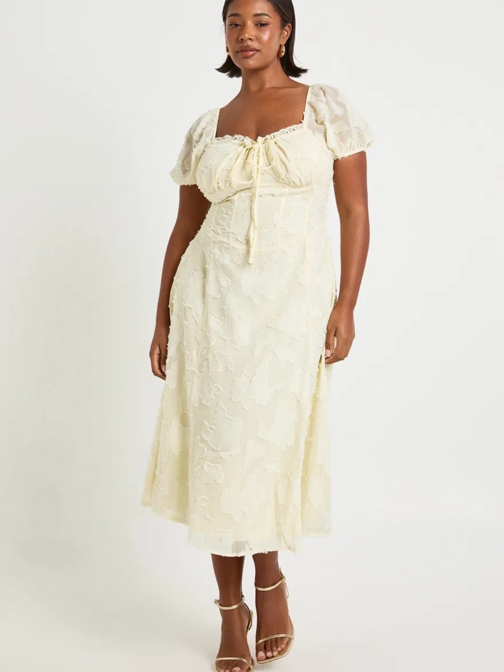 Boohoo Plus Pale Yellow Lace Midi Dress with Puff Sleeves